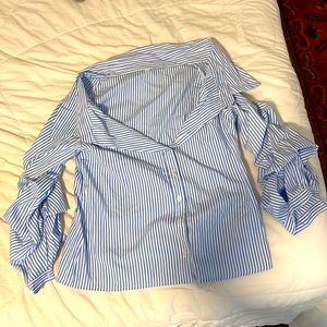 Off the shoulder blue and white striped shirt